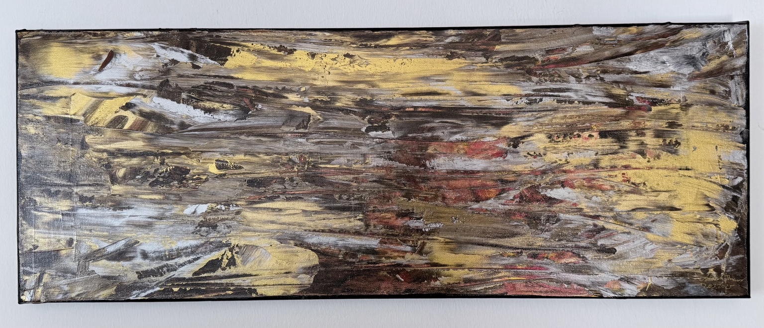 Abstraktes Originalgemälde von Albert Knaus in Gold, Schwarz, Weiß und Bordeaux