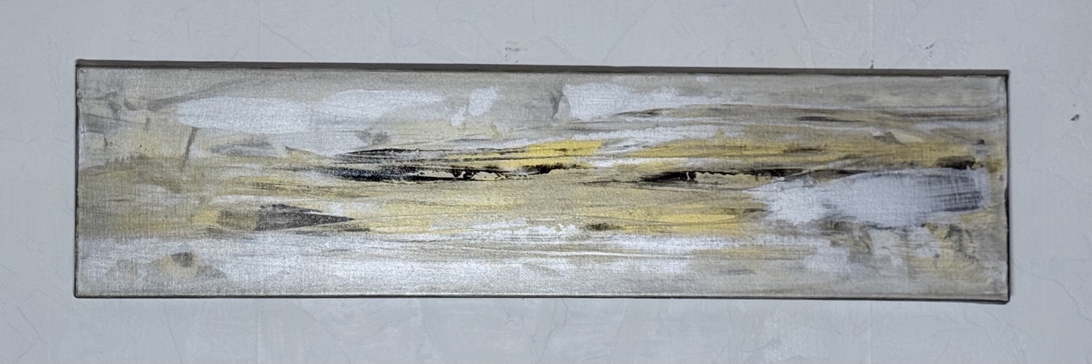 Horizontales abstraktes Originalgemälde von Albert Knaus in Weiß, Beige, Schwarz und Gold